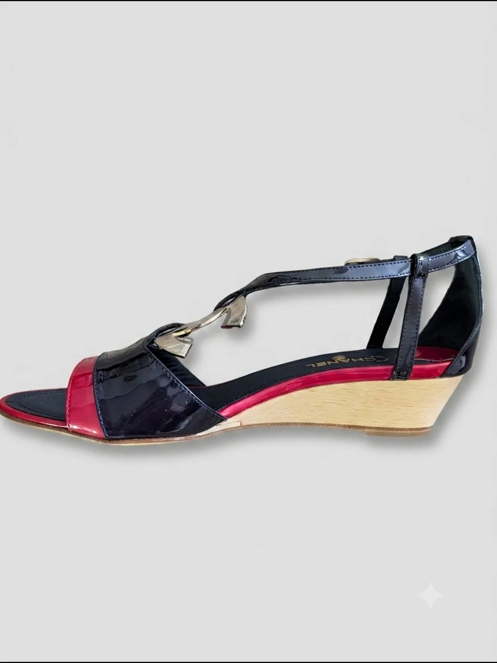 Chanel Navy and Red Patent Leather Sandals with Silver CC Logo